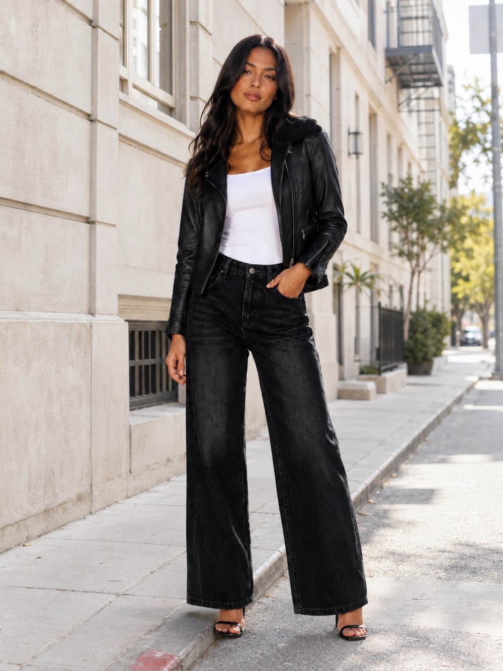 Nimo Wang Black Faux Leather Side Panel Wide-leg Jeans Sz 26